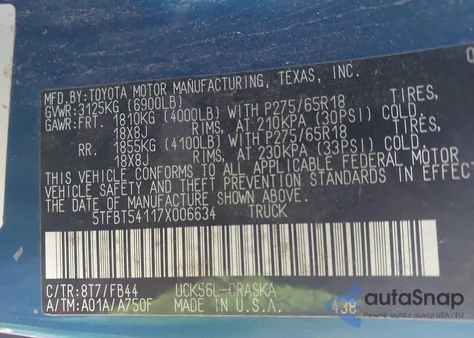 2007 Toyota Tundra Sr5 4.7L V8 из США, поврежденный, VIN 5TFBT54117X006634